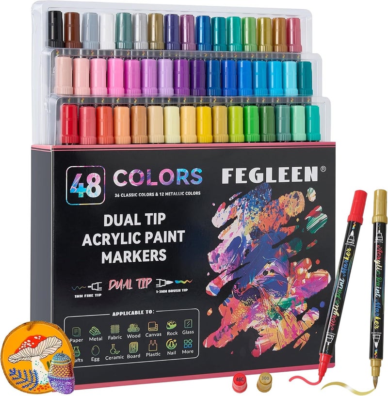 FEGLEEN 48 Colors Acrylic Paint Markers,Dual Tip Acrylic Markers with Fine Tip and Brush Tip Contain 12 Metallic Colors for Rock Painting,Egg,Wood,Glass,Canvas,Fabric,Ceramic,Crafts,Art Supplies - Image 1